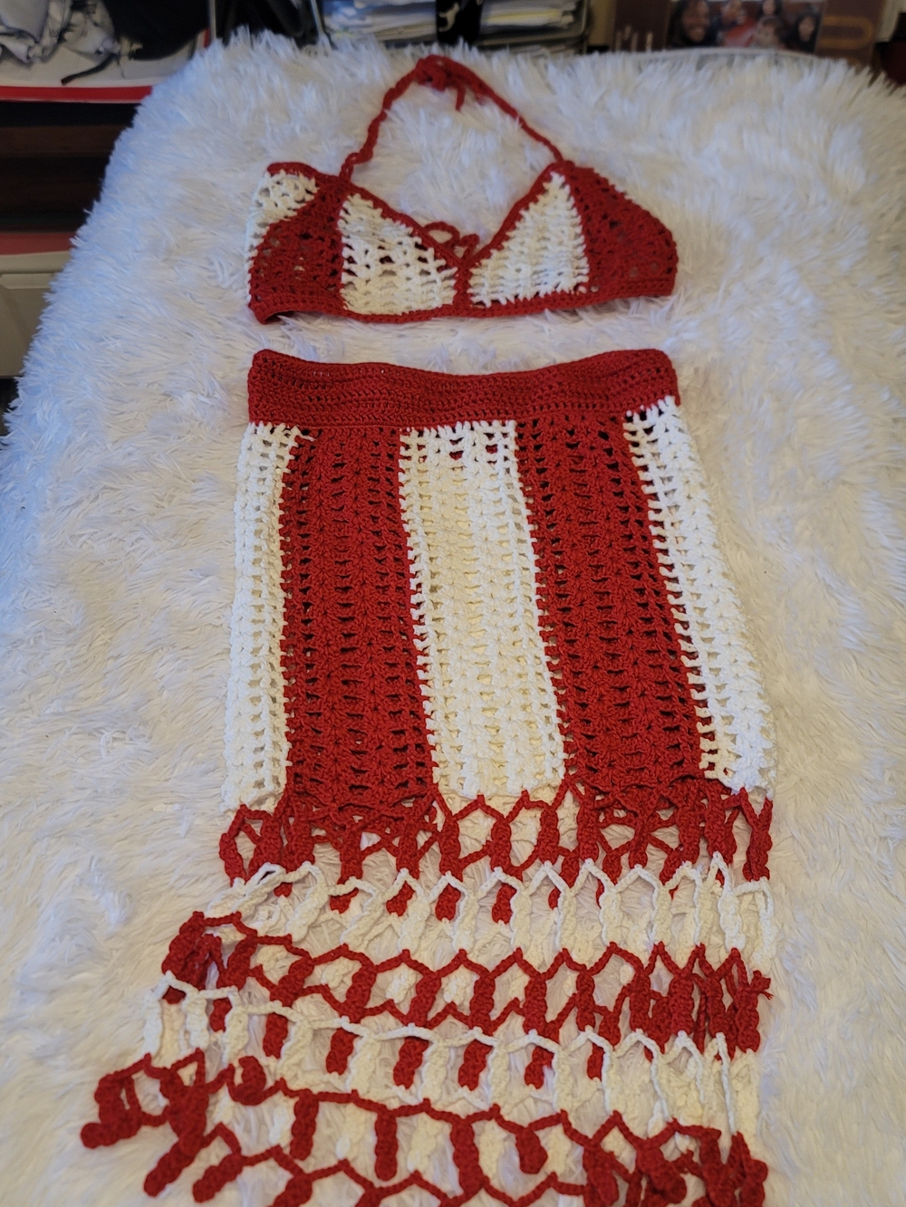 Handmade Crochet Two-Piece Set in Red & White